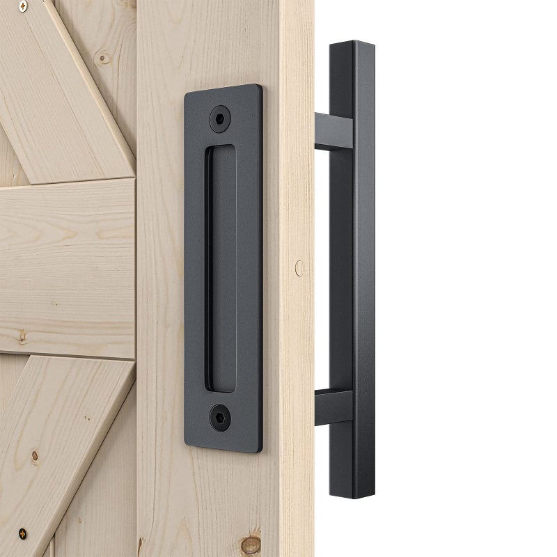 SMARTSTANDARD Heavy Duty 12" Pull and Flush Barn Door Handle Set, Large Rustic Two-Side Design, for Gates Garages Sheds Furniture, Solid Steel, Square, Black - Image 1